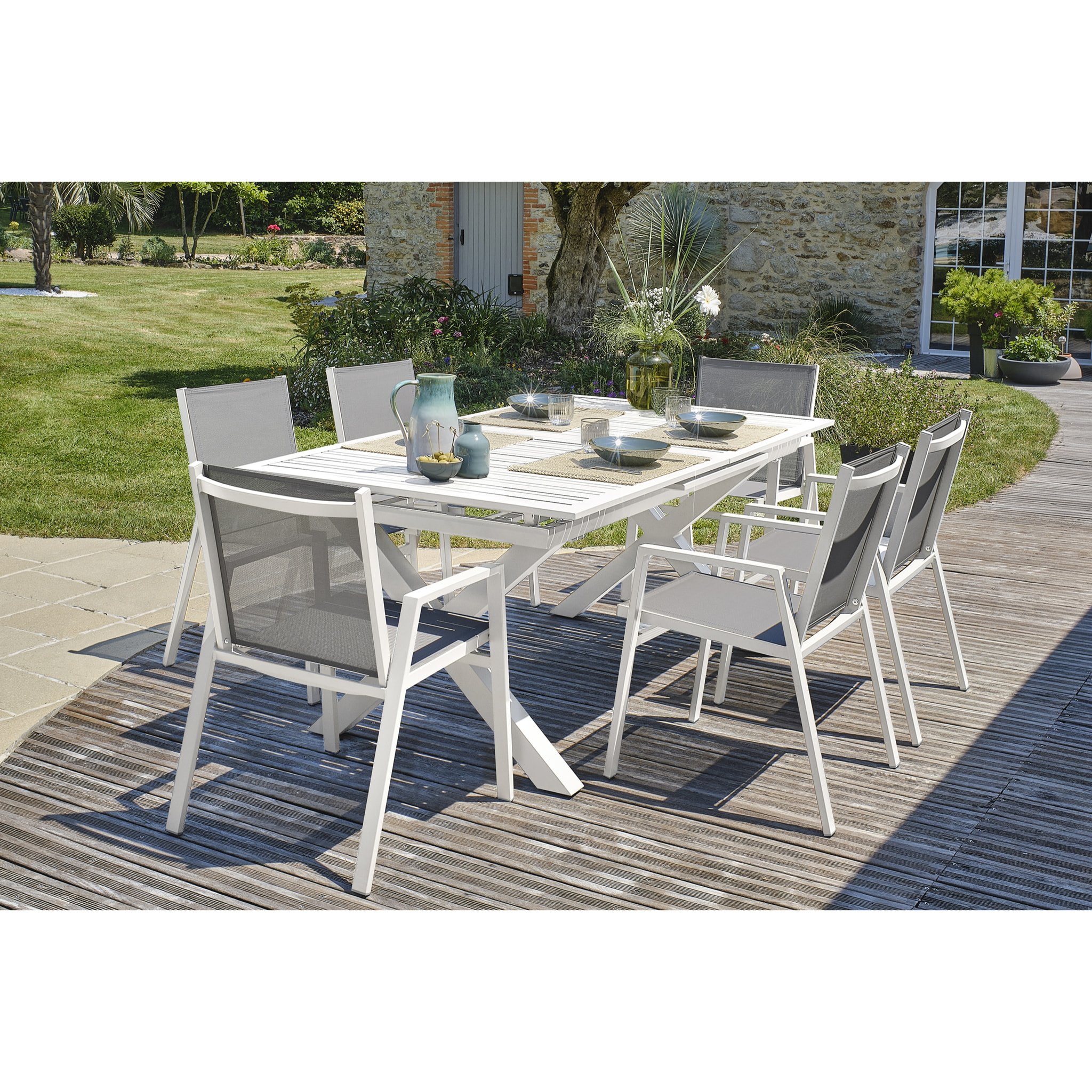 FLORIDE - Ensemble repas de jardin 6 places en aluminium blanc