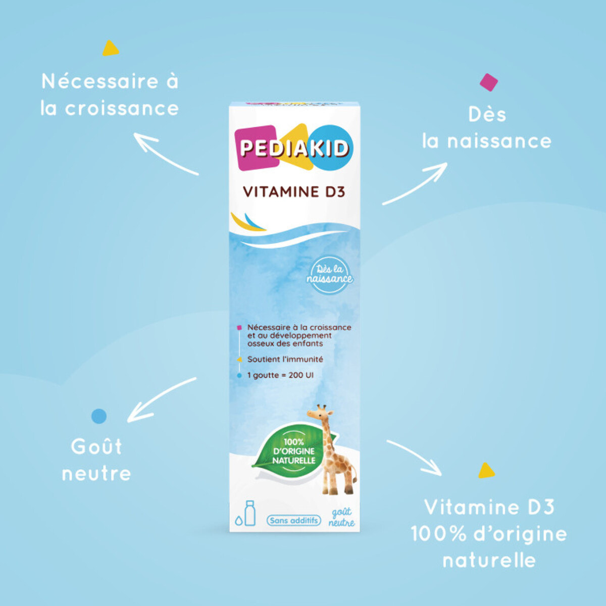 PEDIAKID - Vitamine D3 100% d'origine naturelle - Renforcement des défenses naturelles - Dès la naissance - Couvre 200% des apports journaliers recommandés - Flacon de 20ml