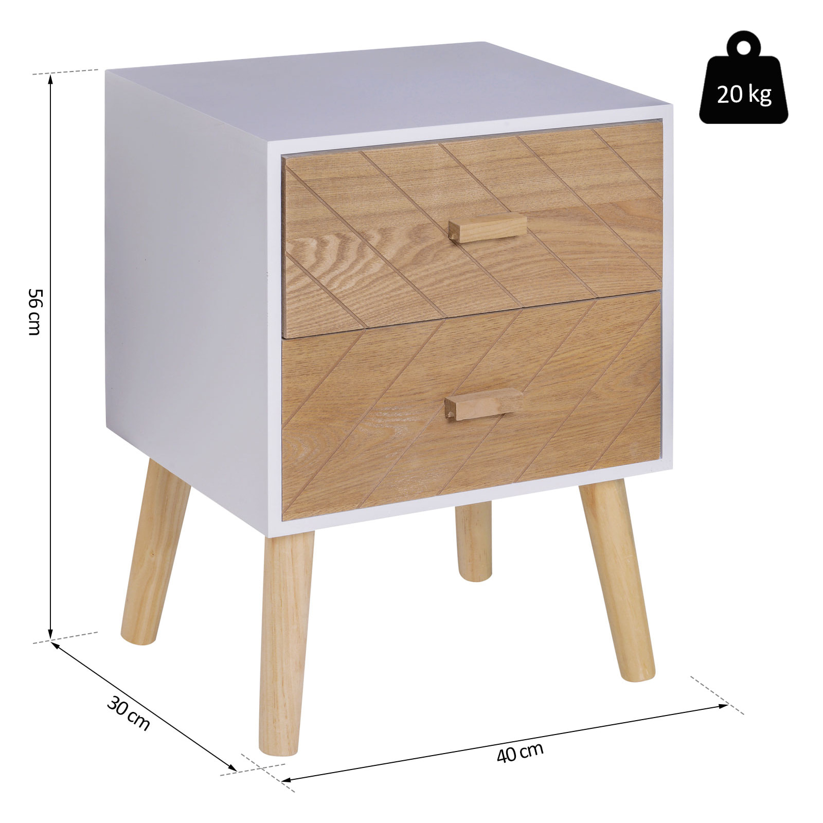 Chevet table de nuit design scandinave 40L x 30l x 56H cm 2 tiroirs bois massif pin MDF blanc et hêtre motif graphique