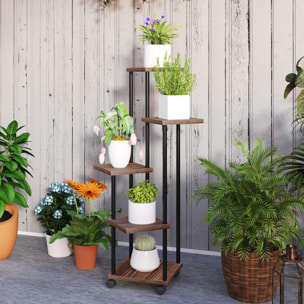 Estantería para Plantas de 5 Niveles Soporte para Plantas de Madera y Acero con 5 Estantes Cuadradas y 4 Ruedas Soporte para Macetas para Interior y Exterior 59x59x110 cm Carbonizado