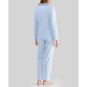 Pijama mujer estampado florecitas, abierto con botones, cuello de solapa con vivo, manga larga y pantalón largo