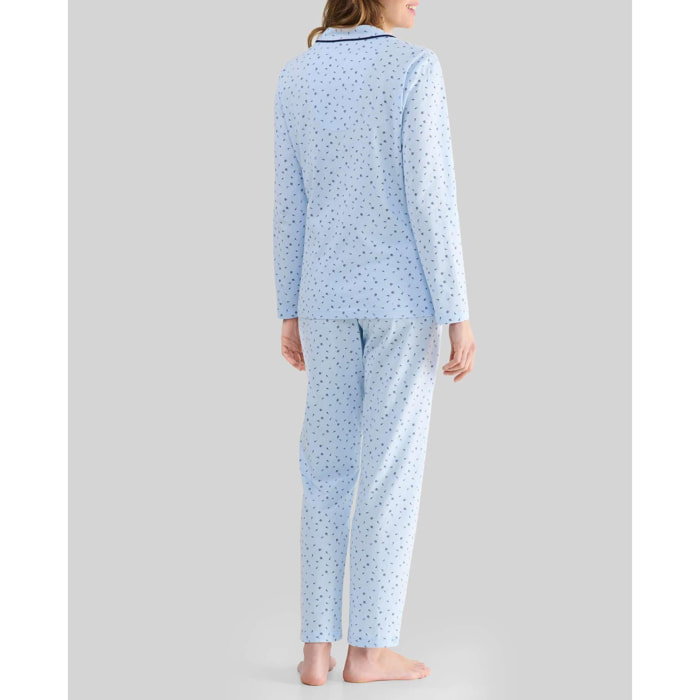 Pijama mujer estampado florecitas, abierto con botones, cuello de solapa con vivo, manga larga y pantalón largo