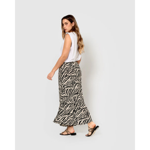 Falda midi bambula detalles plisados yves beige/negro
