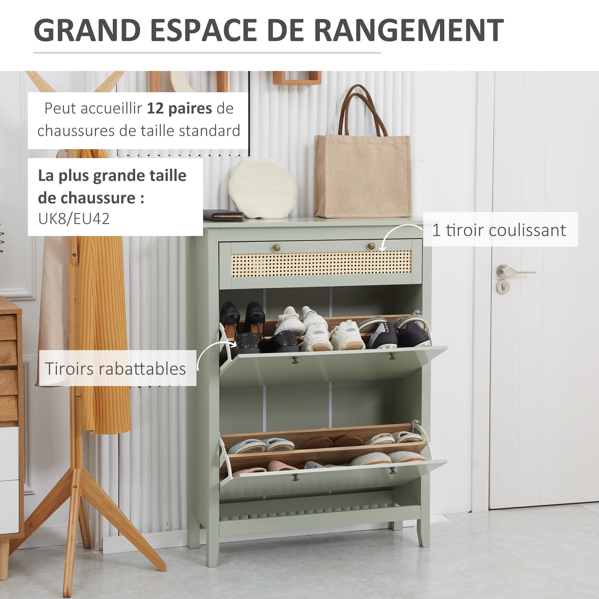 Meuble à chaussures style bohème chic - 2 portes abattantes 2 étagères réglables tiroir - MDF vert d'eau aspect rotin