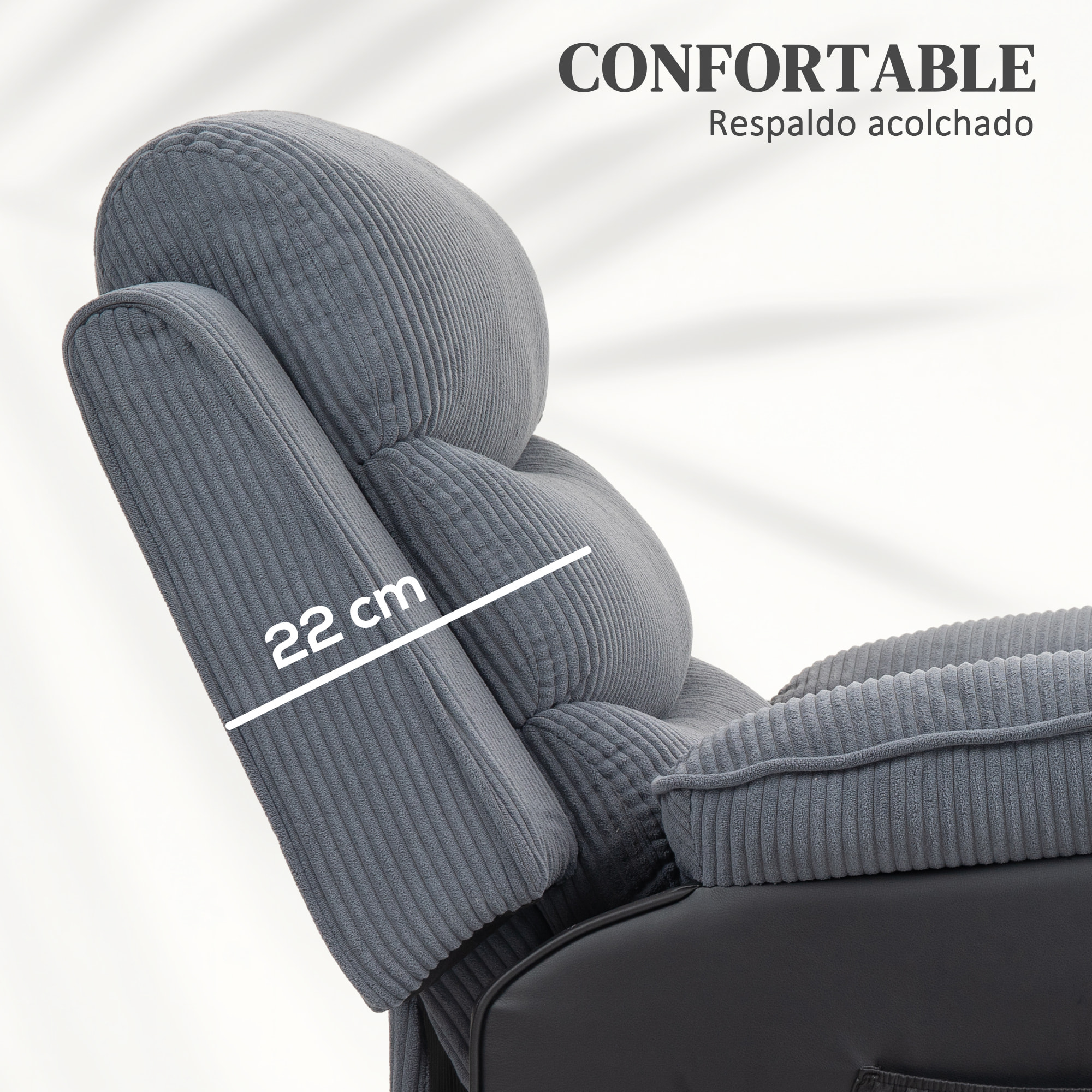 Sillón Relax Reclinable Eléctrico Levanta Personas Mayores, Sillón Elevador, con Puerto USB, Asiento Ancho 60 cm, Control Remoto, Reposapiés, Tapizado en Pana y Cuero, Bolsillos, Gris Oscuro
