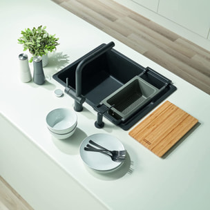 ALL IN Set d'accessoires universel Planche à découper Bambou 32x20 + Panier égouttoir PVC Noir Sanitized (ALLINSET-1)