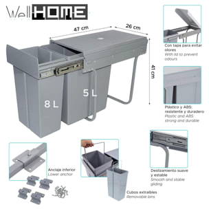 Contenedor de reciclaje para mueble de cocina, cubos de basura bajo fregadero, fijación inferior y extracción manual, cubos extraíbles, con tapa