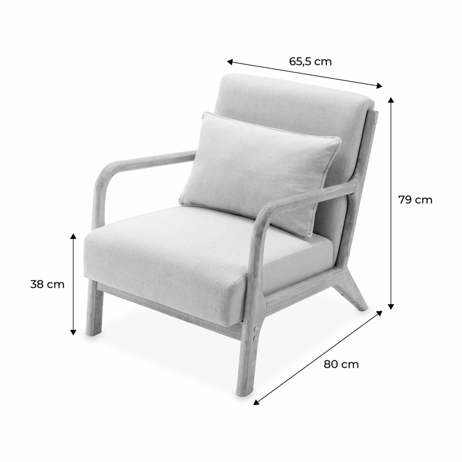 Fauteuil design en bois et tissu. 1 place droit fixe. pieds compas scandinave. structure en bois solide. assise confortable beige