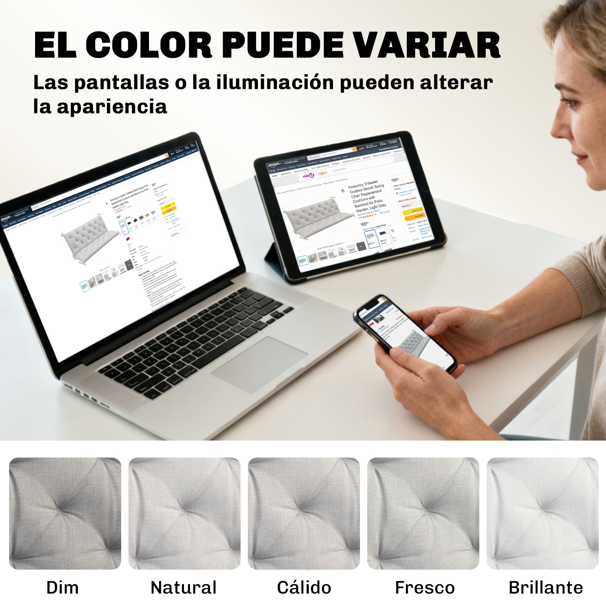 Cojín para Banco de Jardín con Respaldo, 150x98x8 cm, Colchón de Banco de 3 Plazas para Interior y Exterior con Relleno Grueso y Cintas de Sujeción, para Columpio, Terraza, Balcón, Gris Claro