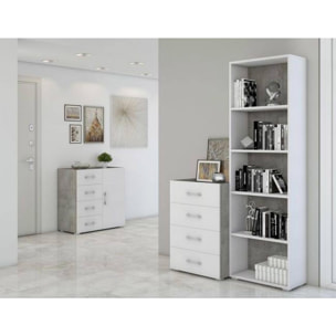 Libreria Girasole, Biblioteca a 4 ripiani regolabili, Scaffale per libri, Mobile da parete con ripiani, 100% Made in Italy, Cm 60x30h195, Bianco e Cemento