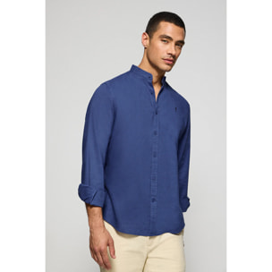 Camisa azul royal de cuello mao de lino y algodón con bordado Rigby Go