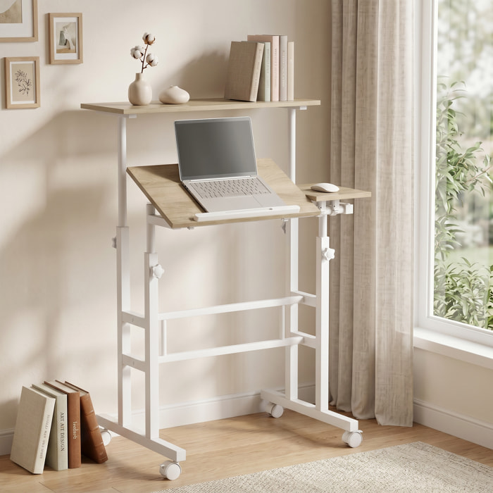 Bureau assis debout inclinable réglable H.70,5-120 cm mobile 3 plateaux métal blanc effet bois clair