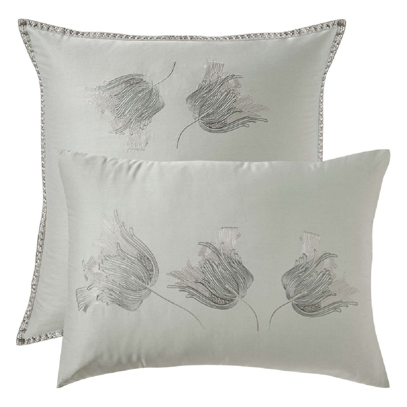 Taie d'oreiller satin de coton brodé vert Tulipes jade