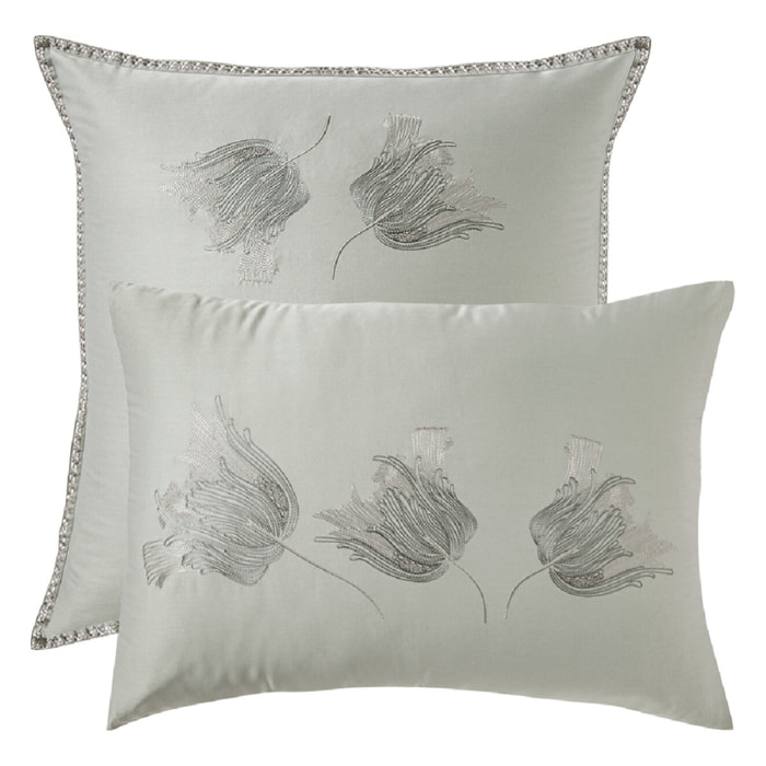 Taie d'oreiller satin de coton brodé vert Tulipes jade