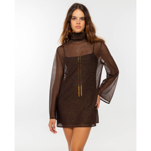 Vestido corto de tul con lurex y manga larga evasé de mujer