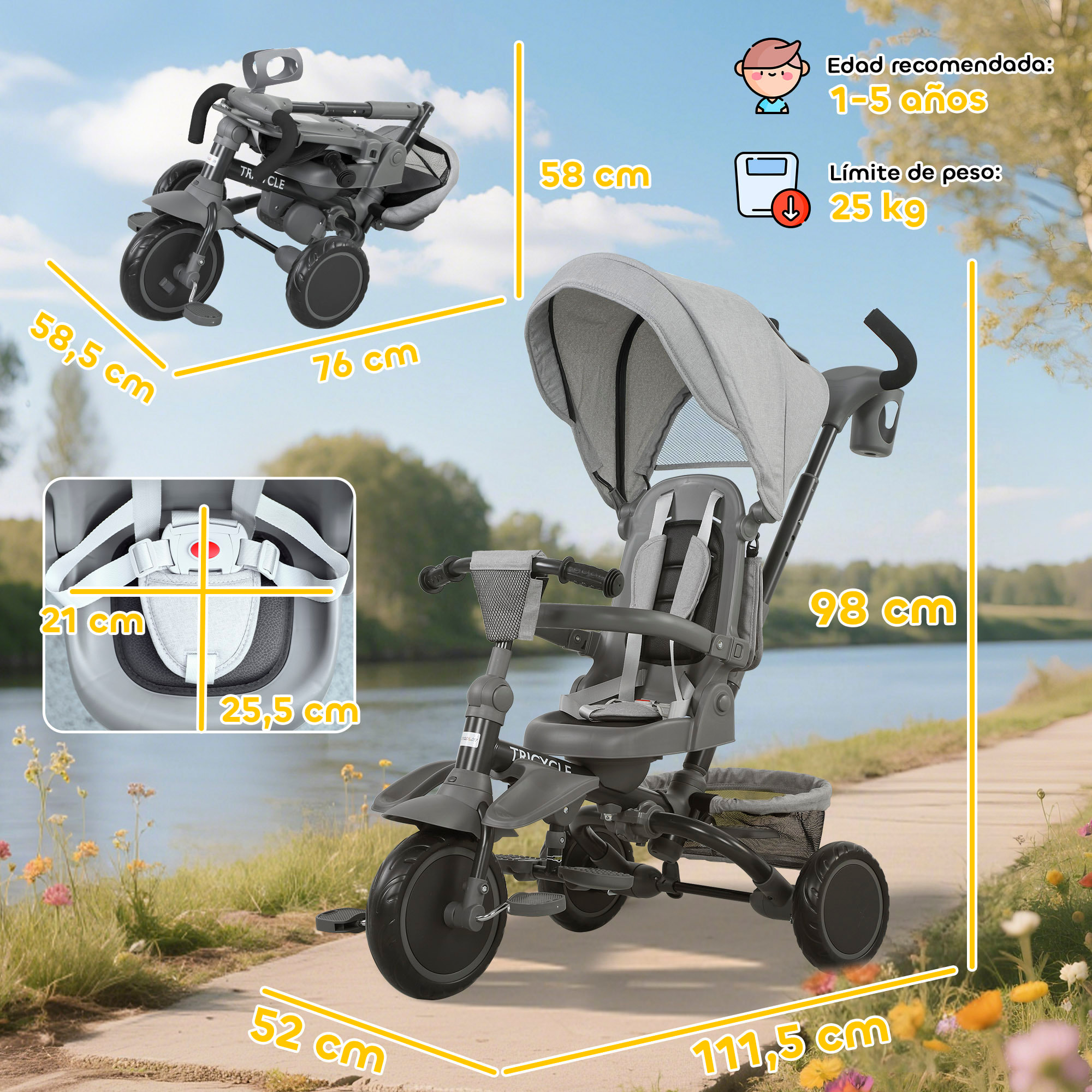 Triciclo Evolutivo 6 en 1, Triciclo para Bebés Plegable, 1-5 Años, Asiento Giratorio de 360°, Mango Parental, Respaldo Reclinable, Toldo, Cinturón de Seguridad, Cesta, Reposapiés, Gris