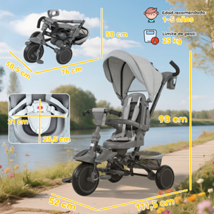 Triciclo Evolutivo 6 en 1, Triciclo para Bebés Plegable, 1-5 Años, Asiento Giratorio de 360°, Mango Parental, Respaldo Reclinable, Toldo, Cinturón de Seguridad, Cesta, Reposapiés, Gris