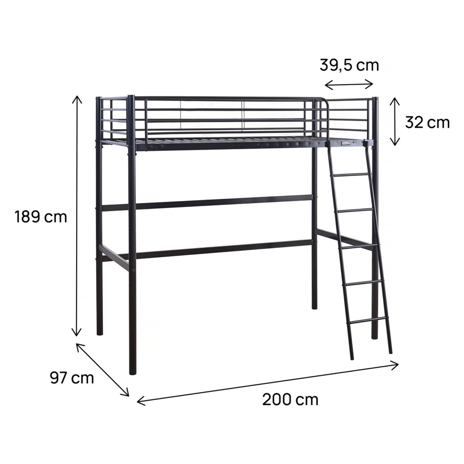 Lit mezzanine en métal "Alora" - 90 x 190 cm - Noir
