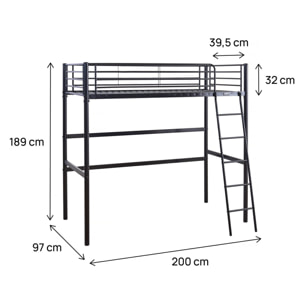 Lit mezzanine en métal "Alora" - 90 x 190 cm - Noir