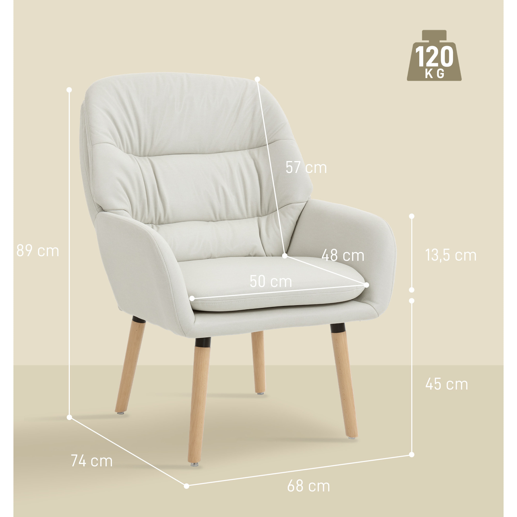 Sillón de Salón Moderno, Butaca de Salón, Acolchado de Doble Capa, Tapizado en Cuero Sintético, Patas de Madera, Sillón de Lectura para Dormitorio, Oficina, Estudio, 68x74x89 cm, Crema