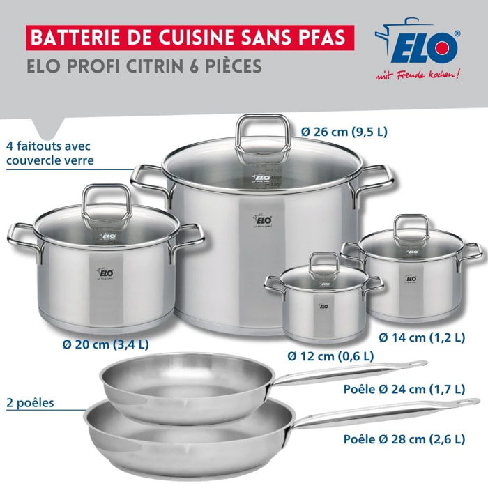 Ensemble de 2 Poêles de cuisson 24 et 28 cm et 4 faitouts 12, 14, 20 et 26 cm Elo Profi Citrin