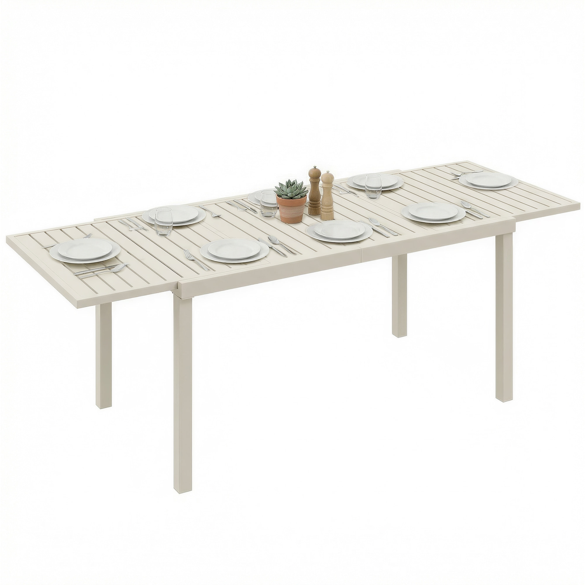 Mesa de Jardín Extensible 150/225x85x75 cm, Mesa de Comedor Exterior Extensible Rectangular de Aluminio, con Tablero de Listones para 6-8 Personas, para Patio, Terraza, Blanco