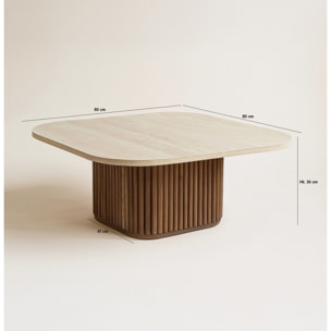 Table basse carré effet travertin et pied effet noyer 80cm ESTHER