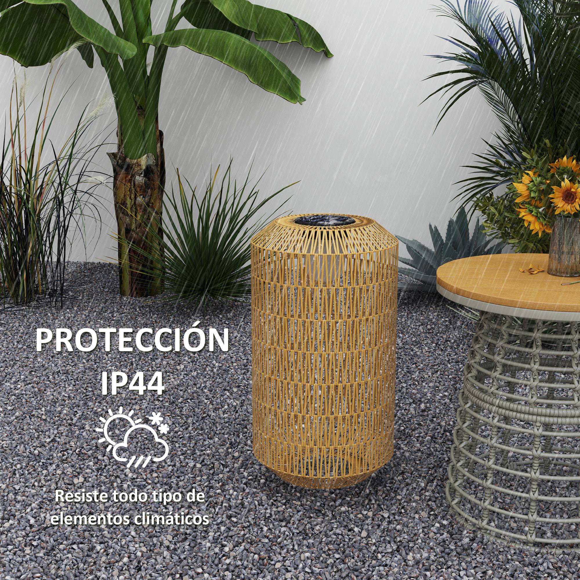 Linterna de Jardín de Ratán Sintético Farola Solar con Luces LED Encendido y Apagado Automático Diseño Bohemio Impermeable para Terraza Balcón Patio Ø30x55 cm Natural