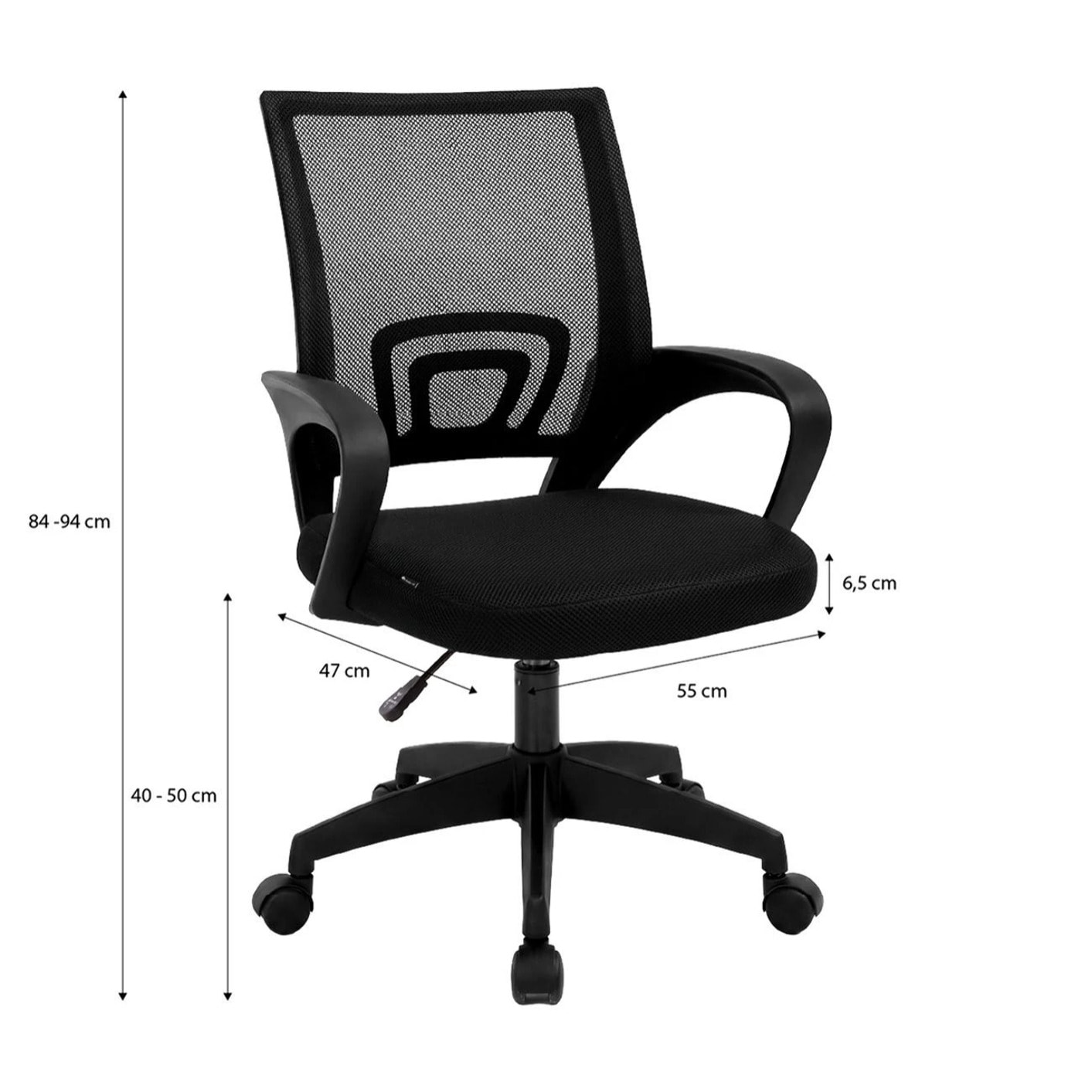 Silla de escritorio con respaldo transpirable en negro 84-94 cm Nika Negro