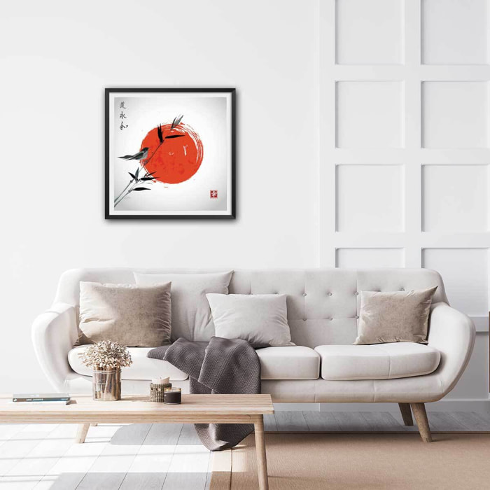 Affiche shinto et son rossignol Affiche + cadre en bois - Noir