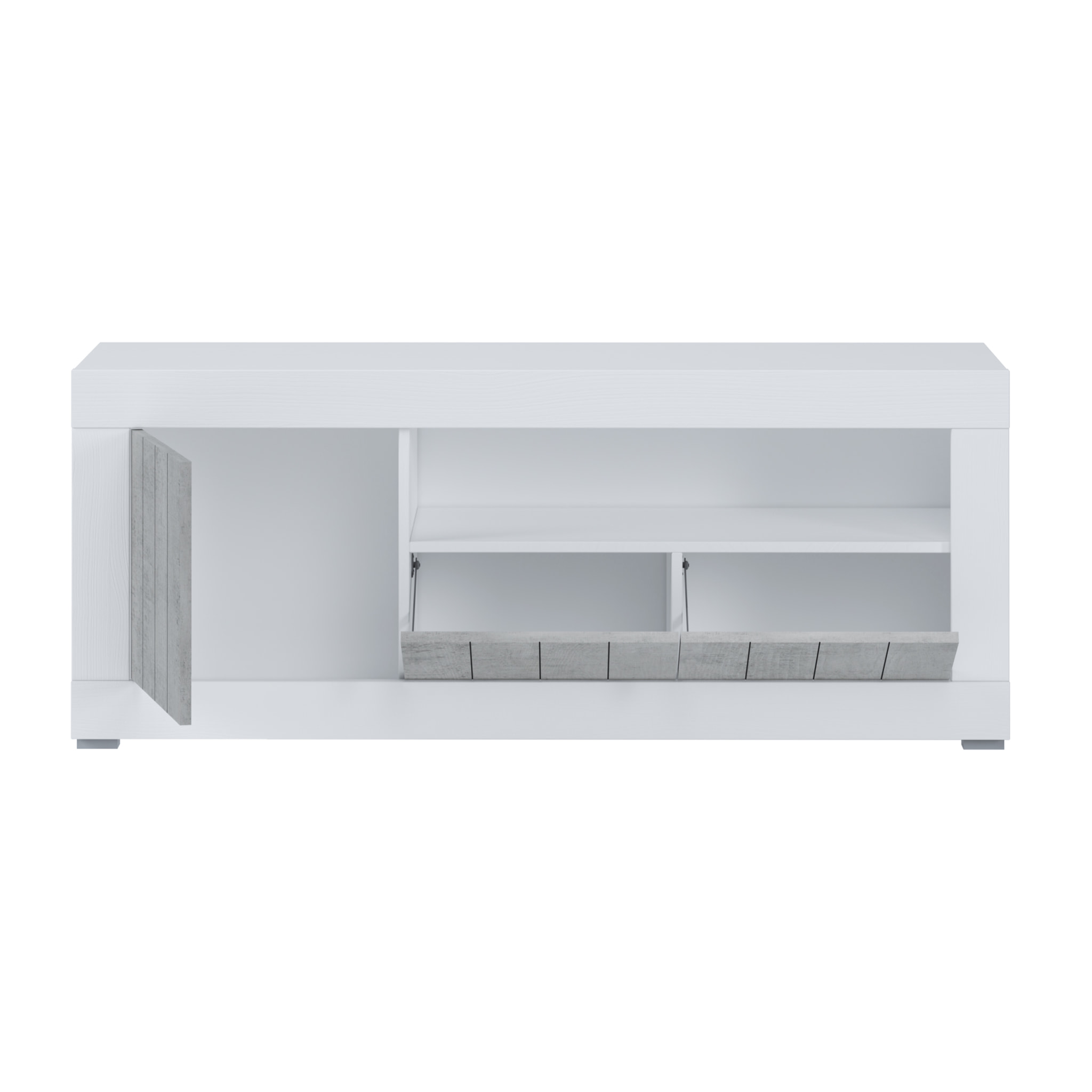 Mobile TV Basso In Melaminico Con Anta Laterale E A Ribalta Vano Giorno Ripiani Interni Soggiorno Salotto 136.9x41.8x56 Cm Bianco Grigio Cemento