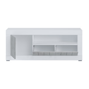 Mobile TV Basso In Melaminico Con Anta Laterale E A Ribalta Vano Giorno Ripiani Interni Soggiorno Salotto 136.9x41.8x56 Cm Bianco Grigio Cemento
