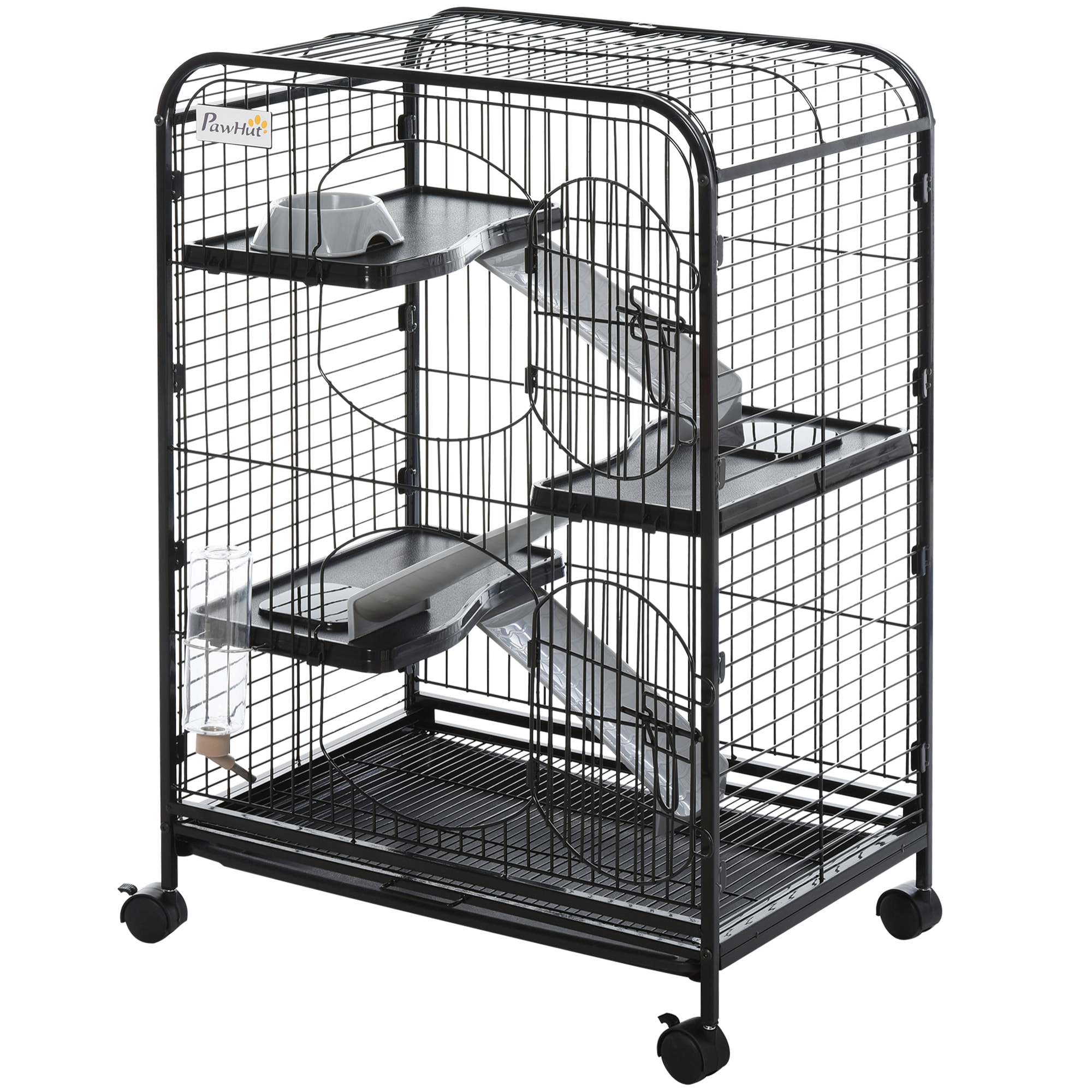 PawHut Cage pour Petits Animaux Roulante 3 Rampes 3 Plates-formes Plat et Bouteille d'Eau Bac Inférieur Amovible Acier PP Noire