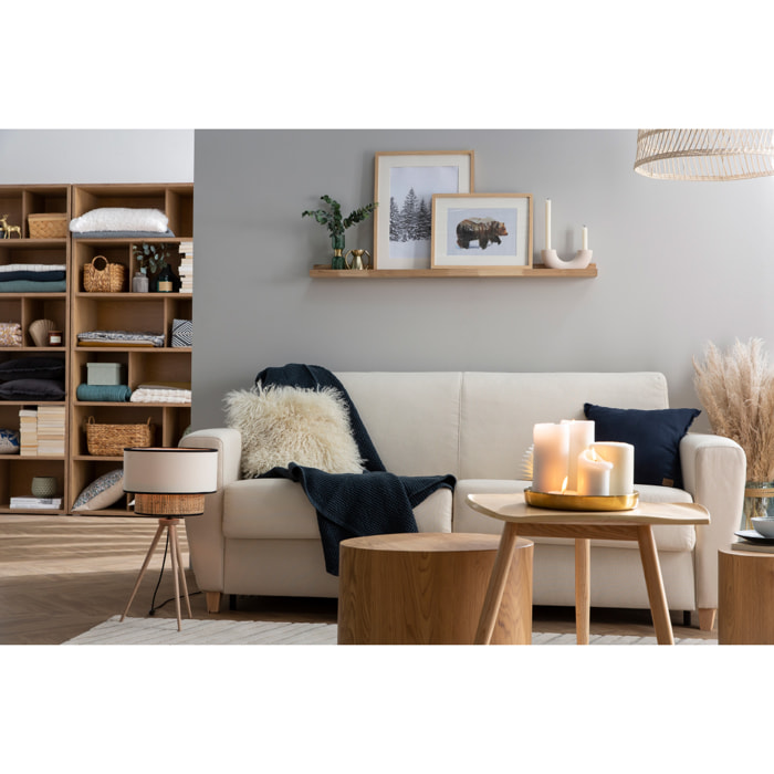 Canapé convertible 3 places en tissu bleu et bois clair avec matelas L140 cm 12 cm GRAHAM
