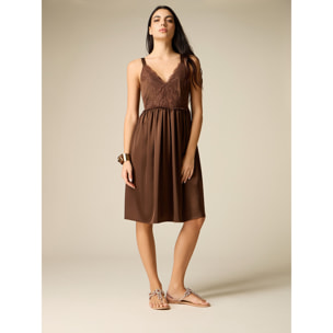 Oltre - Vestito in raso con inserto in pizzo - Marrone