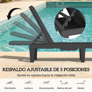 Pack de 2 Tumbonas de Jardín Exterior, Tumbonas Reclinables de Plástico PP con Bandeja Lateral, Respaldo Ajustable de 5 Niveles, Resistentes a la Intemperie, para Playa, Piscina, Negro