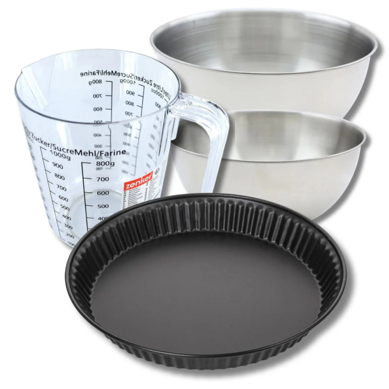 Set pâtisserie avec moule à quiche lorraine 28 cm antiadhésif, 2 bols à mixer, verre mesureur et spatule Zenker