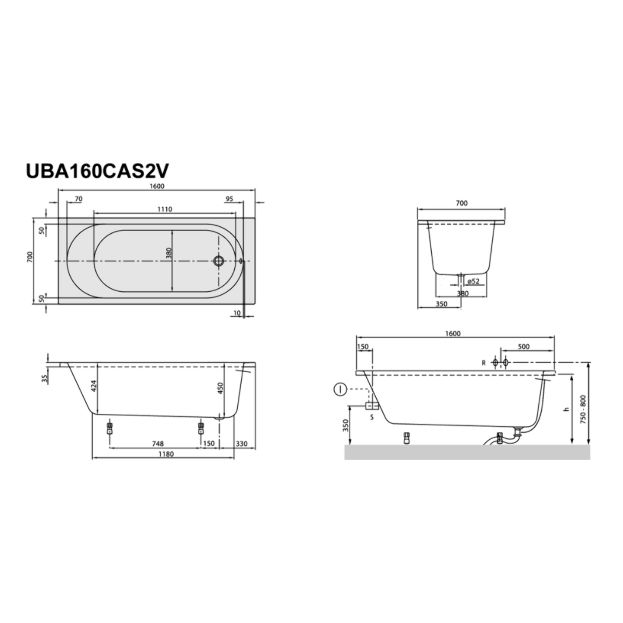 Pack baignoire 160 x 70 O Novo avec pieds et robinet