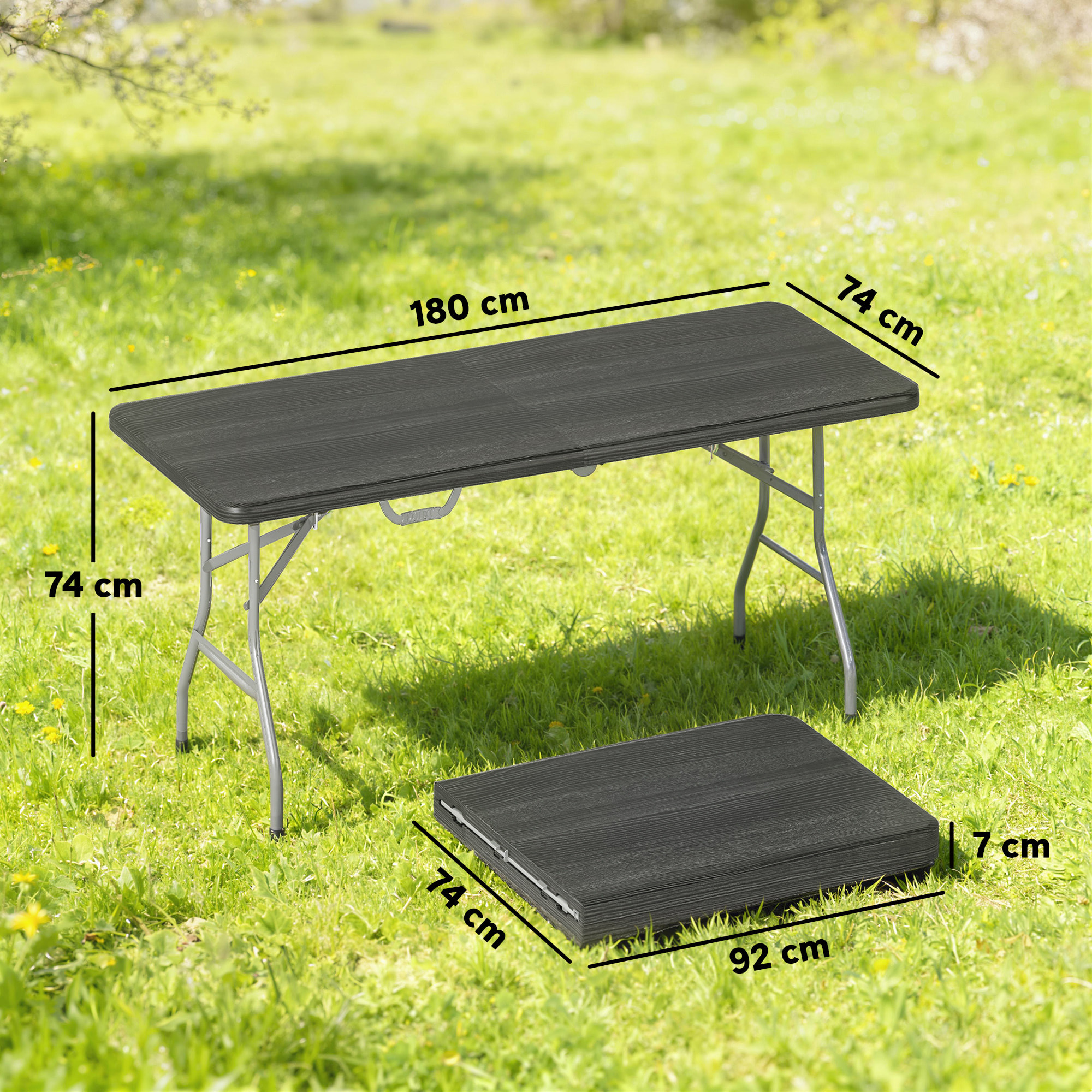 Table pliante de camping jardin dim. 180 x 74 x 74 cm avec poignée métal époxy gris HDPE noir
