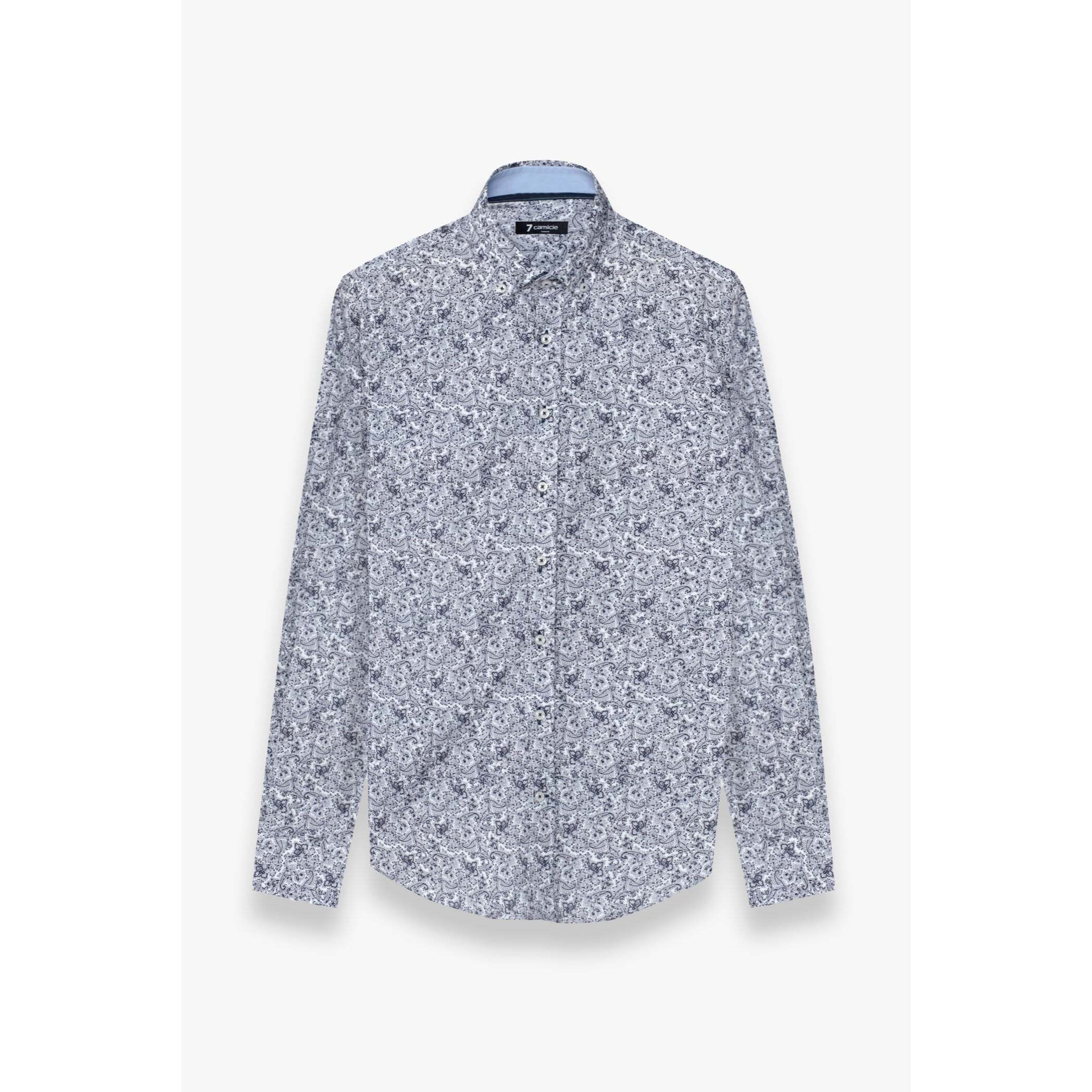 camicia uomo 1 bottone button down slim Popeline Stampato Bianco e Blu