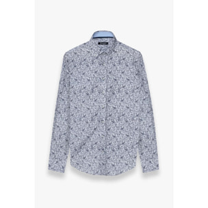camicia uomo 1 bottone button down slim Popeline Stampato Bianco e Blu