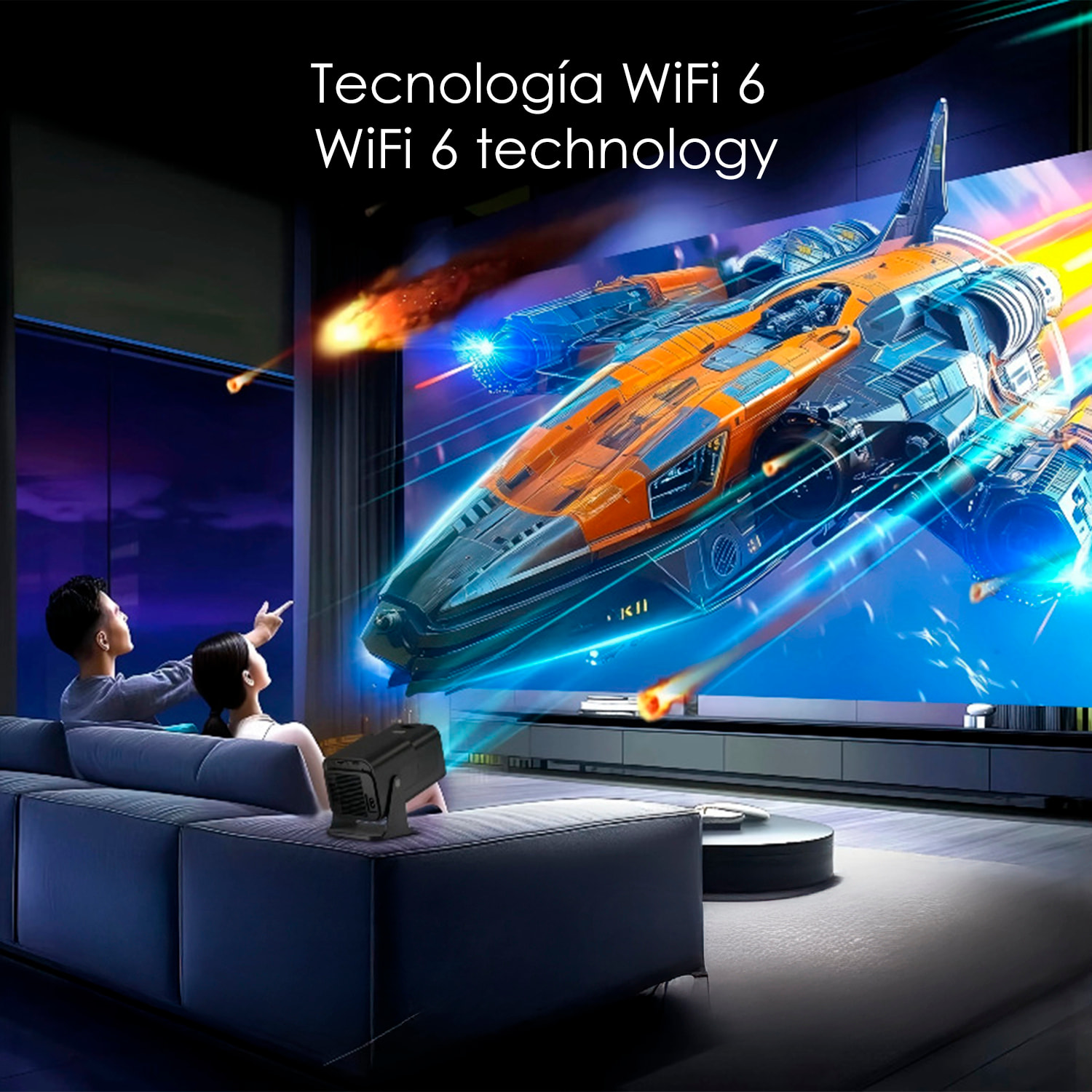 Mini proiettore LCD HY320, supporto 4K UHD, con wifi 6, duplicazione dello schermo per iOS e Android. Da 40 a 200 pollici, 160 lm. Con telecomando.