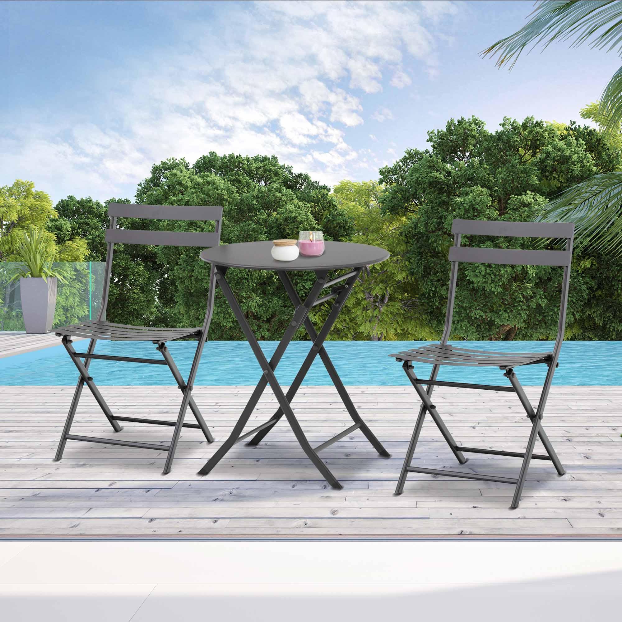Outsunny - Salon de jardin bistro pliable - table ronde Ø 60 cm avec 2 chaises  pliantes - métal thermolaqué gris