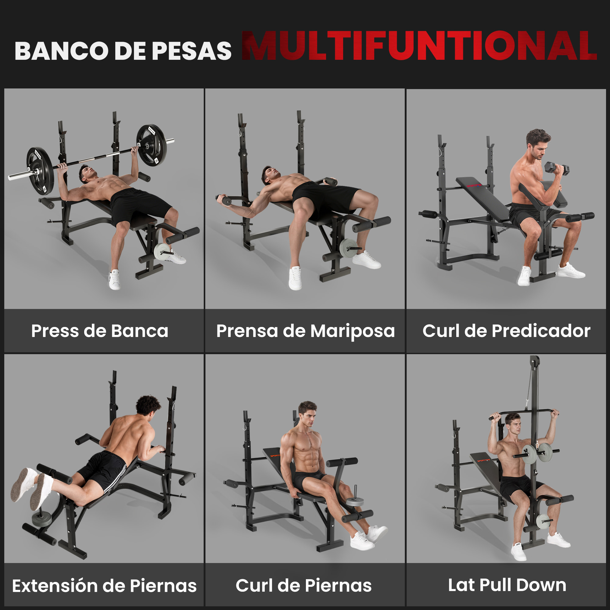 Banco de Musculación Multifuncional Inclinable, Banco de Pesas, Press Banca con Soporte para Barra Ajustable, Extensión Piernas, Curl de Predicador, Mariposa, Entrenamiento en Casa, Gimnasio