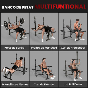 Banco de Musculación Multifuncional Inclinable, Banco de Pesas, Press Banca con Soporte para Barra Ajustable, Extensión Piernas, Curl de Predicador, Mariposa, Entrenamiento en Casa, Gimnasio