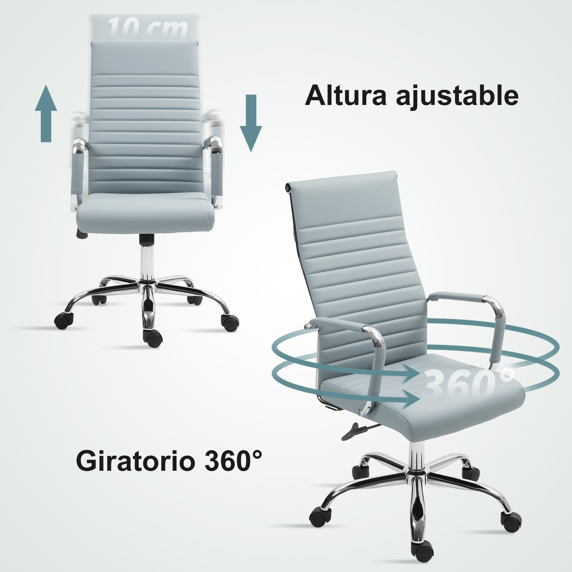 Silla de Escritorio Giratoria Silla de Oficina con Respaldo Alto Altura Ajustable Función Basculante y Reposabrazos Tapizado en Cuero Sintético Gris Claro