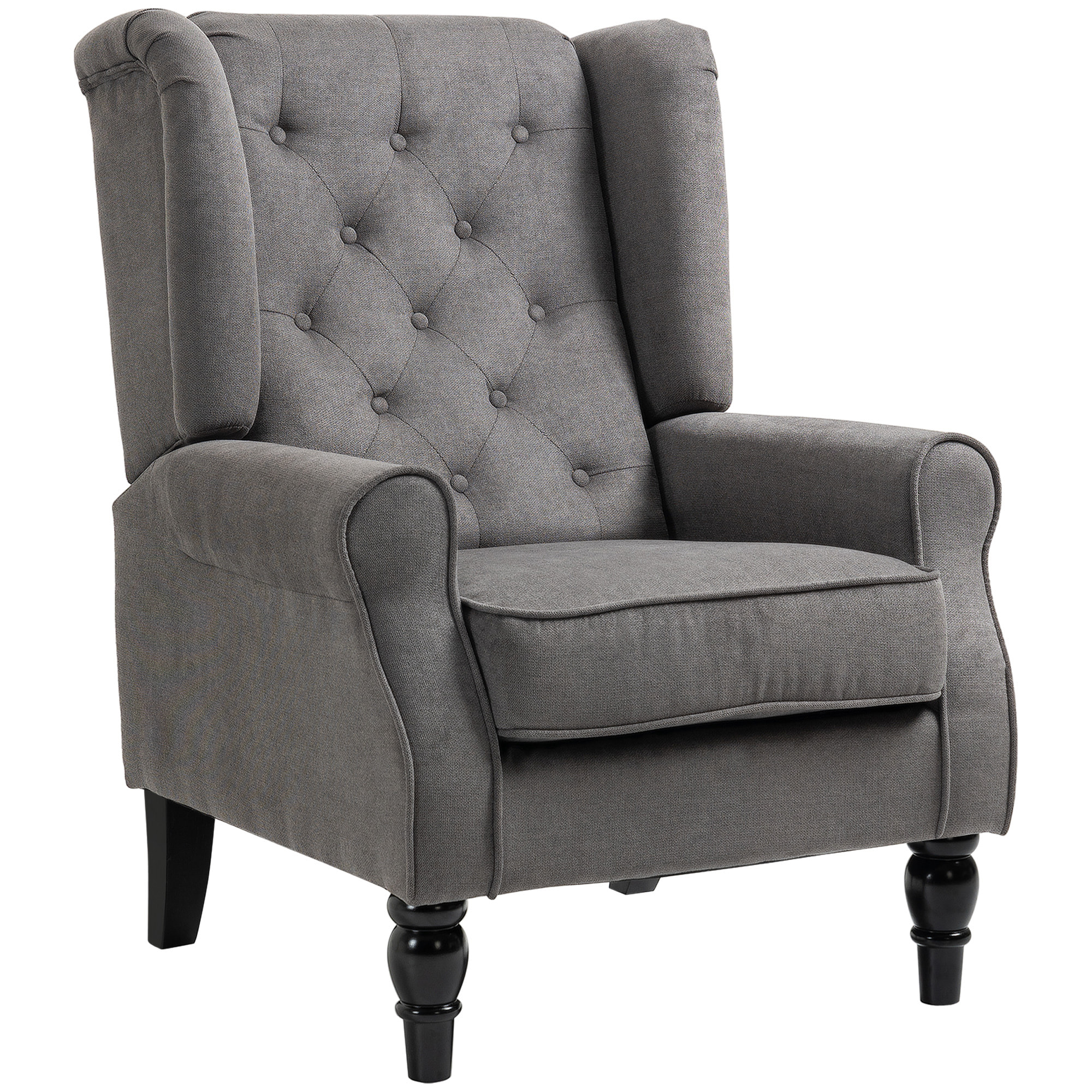 Fauteuil à oreilles style Chesterfield dossier capitonné grand confort bois noir tissu gris foncé