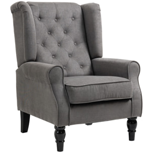 Fauteuil à oreilles style Chesterfield dossier capitonné grand confort bois noir tissu gris foncé