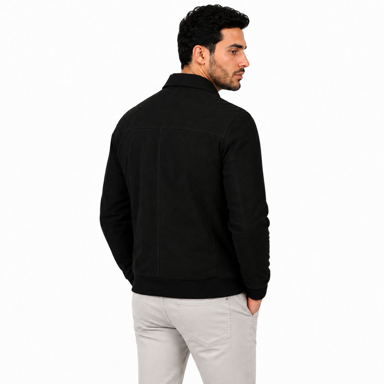 Giubbino in vera pelle di vitello scamosciata Nero-Slim Fit