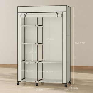 Armario de Tela con Ruedas, Armario Portátil, con Barra para Colgar, 6 Estantes, Marco de Acero, para Dormitorio, Vestidor, 103x43x162,5 cm, Crema